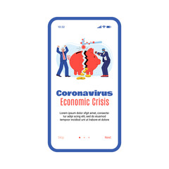 Coronavirus economic crisis - app banner with shocked cartoon business men and broken piggy bank with almost no money. Isolated vector illustration of phone screen.