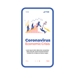 Coronavirus economic crisis mobile app onboarding page interface with business people falling from broken graph arrow, cartoon vector illustration on a white background.