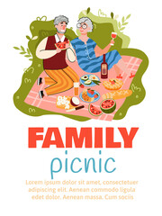 Family picnic flyer or banner design with cute senior elderly couple enjoying eating together outdoor, cartoon vector illustration isolated on white background.