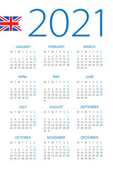 Calendar 2021 - illustration. English version. Week starts on Monday