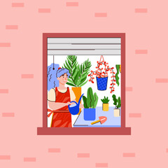The girl takes care of plants in the home garden. Leisure for women in a cozy home during weekends, vacations or quarantines. Vector illustration - Stay at home.