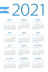 Calendar 2021 - illustration. Argentinian version.Week starts on Sunday