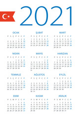 Calendar 2021 - illustration. Turkish version.Week starts on Sunday
