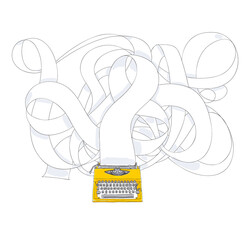 yellowTypewriter and long paper  hand drawn with paper cute art illustration