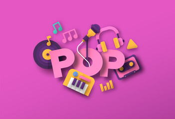 Pop music style papercut musical icon template