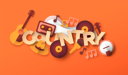 Country music paper cut musical icon illustration
