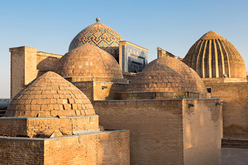 Domes of mausoleums in the historical necropolis of Shakhi Zinda in Samarkand, Uzbekistan