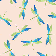 Dragonfly ornamental seamless pattern. Summer clothes textile print with flying adder insects. 