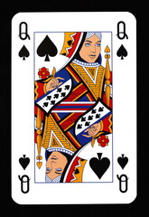 Queen of spades playing card isolated on black.