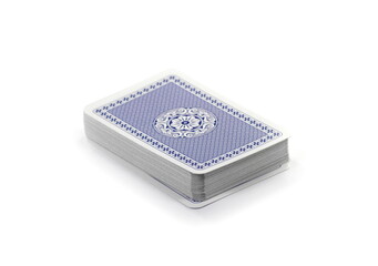 Blue deck  of playing card isolated on white background.