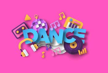 Dance music style illustration with 3d paper cut musical equipment icons. Band party, festival event or club night concept. Includes disco ball, headphones, piano instrument.