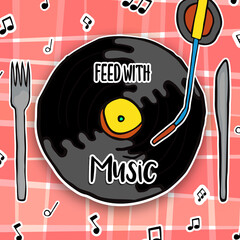 Feed with music concept of vinyl cd as food plate