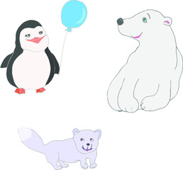 set of animals - a penguin with a blue ball, a polar bear and a polar fox. drawn by hand