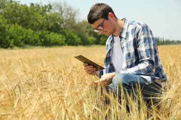 Naklejka na ściany i meble Young man with clipboard in barley field. Agriculture business