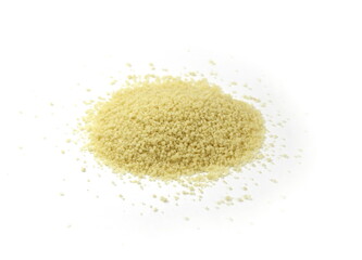 Dry couscous isolated on white. Spilled couscous.