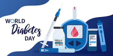 World Diabetes Day banner or flyer with insulin pen, glucometer, lancets, test strips and syringe. 14th November. Concept of awareness diabetes and fight against diabetes - Powered by Adobe