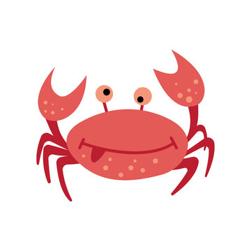Funny crab isolated on white background. Cute cartoon underwater creature. Flat vector illustration.