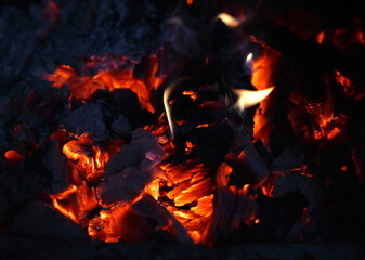 Close up shot of burning firewood in the fireplace.