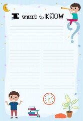 Organizer and schedule with place for notes. Vector template. Cute children to do list .