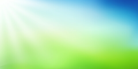 Nature blurred background. Abstract Green and blue gradient backdrop with sun rays. Ecology concept for your graphic design, banner or poster. Vector illustration
