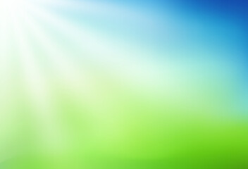 Nature blurred background. Abstract Green and blue gradient backdrop with sun rays. Ecology concept for your graphic design, banner or poster. Vector illustration