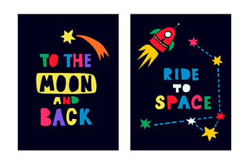 Space vector prints for kids. Paper cut art with phrases 