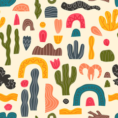 Desert landscape seamless flat vector pattern. Contemporary art style. Paper cut imitation.
