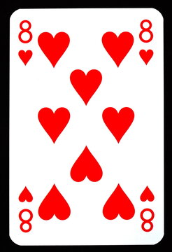 Eight of hearts playing card isolated on black.