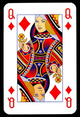 Queen of diamonds playing card isolated on black.
