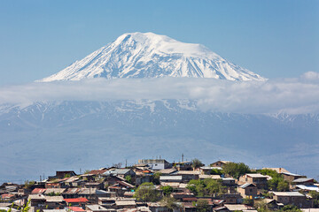 Village houses with Mt Ararat in the background in Armenia.