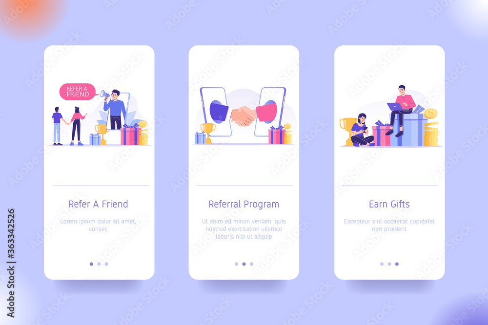 Wall mural mobile application design template set for refer a friend, referral program and earn gifts. ui onboa