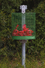 a dog droppings bin with bags full of dog droppings