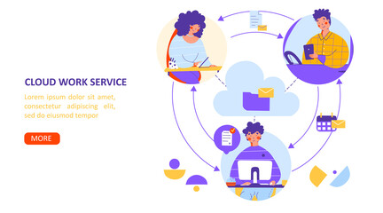 Cloud work service flat vector landing page template. Remote work Digital communication.