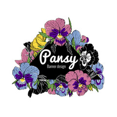 Hand drawn pansy flowers banner. Floral design element. Isolated on white background. Vector illustration.