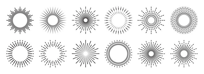 Vintage sunburst collection. Bursting sun rays. Fireworks. Logotype or lettering design element. Radial sunset beams. Vector illustration.