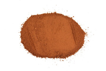Pile of Red dirt (soil) on white. Heap of Red dry clay isolated on white background. Ochre, also spelled ocher, a natural yellow earth pigment.