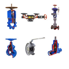 six modern shut-off valves with automatic and manual control for a gas pipeline isolated on a white background. Lengthwise cut