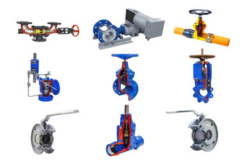 nine modern shut-off valves with automatic and manual control for a gas pipeline isolated on a white background. Lengthwise cut
