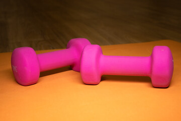 Bright pink small dumbbells on an orange background. Sport concept. High quality photo