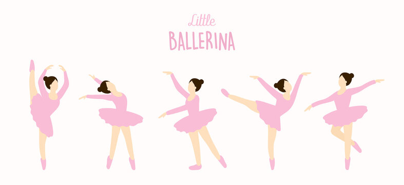 Dancing ballerina series. Beautiful set. Graceful pretty young woman pink tutu, Little ballet dancer background. Baby girl. Cartoon hand drawn doodle style. Isolated flat vector design illustration.