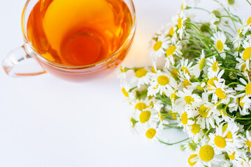 cup of herbal chamomile tea and daisy flowers on white background doctor treatment and prevention of immune concept, medicine - folk, alternative, complementary, traditional medicine