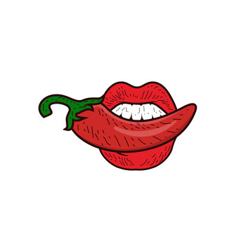 chilli in lips logo design . hot and spicy concept vector illustration