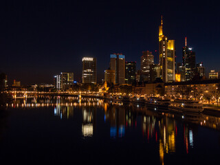 Fototapeta na wymiar Frankfurt-am-Main, GERMANY- April 11, 2020: Skyline of Frankfurt, Germany at night.