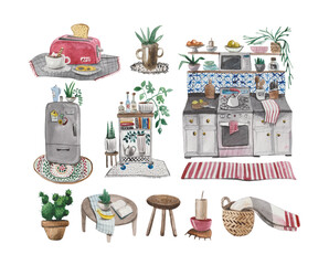 Watercolor set of household items in the kitchen and living room in the Scandinavian style. Furniture, decor items, potted plants, dishes, household appliances. Set elements are stylized, are on a whi