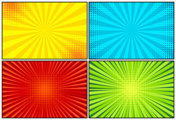 Cartoon comic backgrounds set. Comics book colorful poster with halftone elements. Retro Pop Art style. Vector illustration.