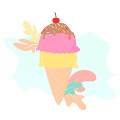 Vector illustration of ice cream. Ice cream cone flat style. Hand drawn art ice cream design for poster. Sweet dessert pastry in flat vector illustration style.	