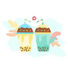 Milk tea with tapioca pearls vector flat illustration. Boba tea drink bright and pretty vector clip art. Bubble milk tea vector set design for milk tea ads.	