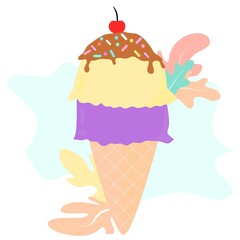 Vector illustration of ice cream. Ice cream cone flat style. Hand drawn art ice cream design for poster. Sweet dessert pastry in flat vector illustration style.	