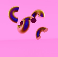 Surreal minimalist composition of holographic torus slices on pastel pink background. Conceptual 3D rendered illustration for contemporary modern art subject.