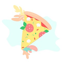 Pizza slice icon. Slice of cheesy pepper pizza with mushrooms and sausage icon. Italian pizza vector illustration.	